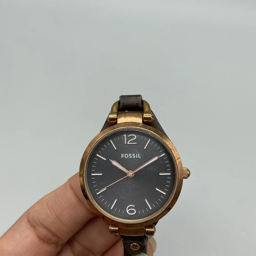 Fossil Georgia ES3077 Womens Watch 32mm Brown Leather Rose Gold Tone New Battery